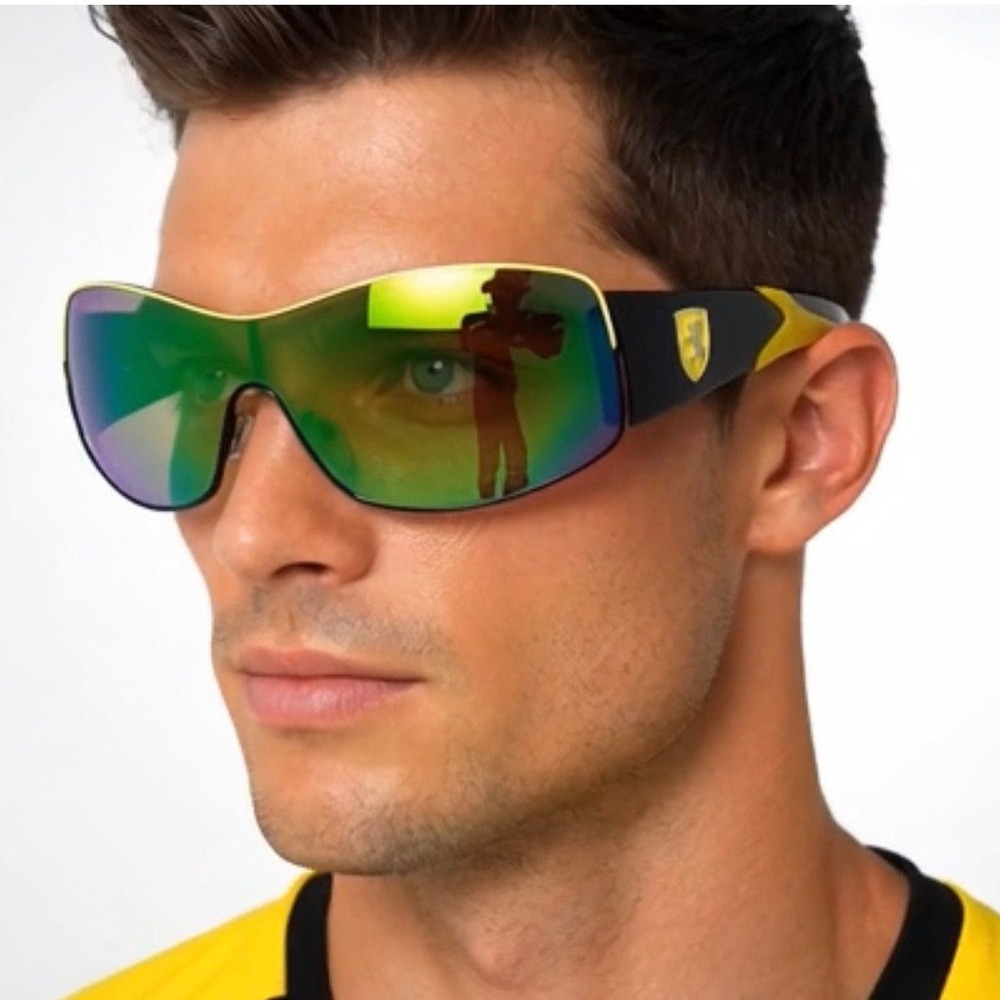 Mens Shield Racing Sunglasses Black Yellow Iridescent‎ Mirror Lens Lentes Gafas